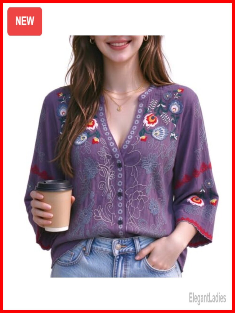 Embroidered Peasant Blouse 3/4 Flared Sleeve Boho Tunic Top